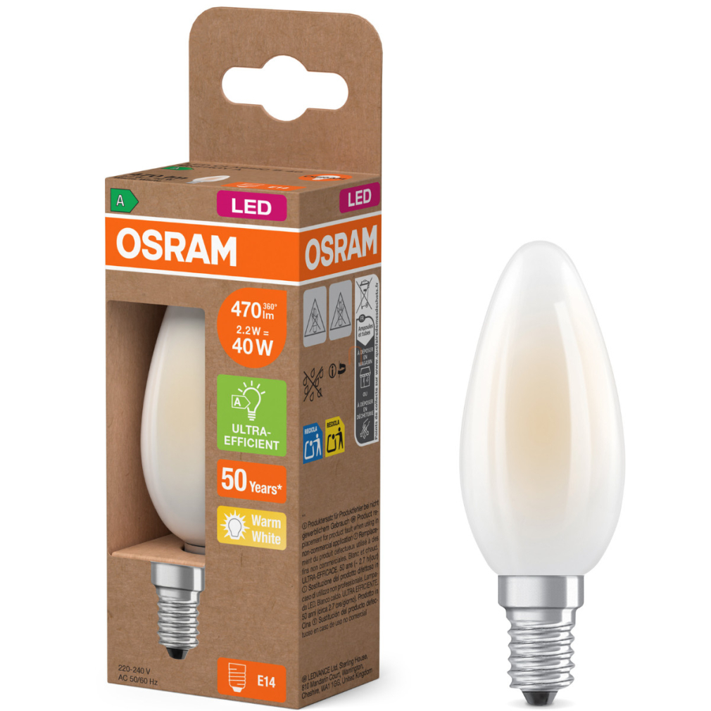 Osram E14 LED gyertya, 2,2W, 470 lm, 2700 K, melegfehér, opál üveg-40 W izzó helyett - Superstar+ Classic B