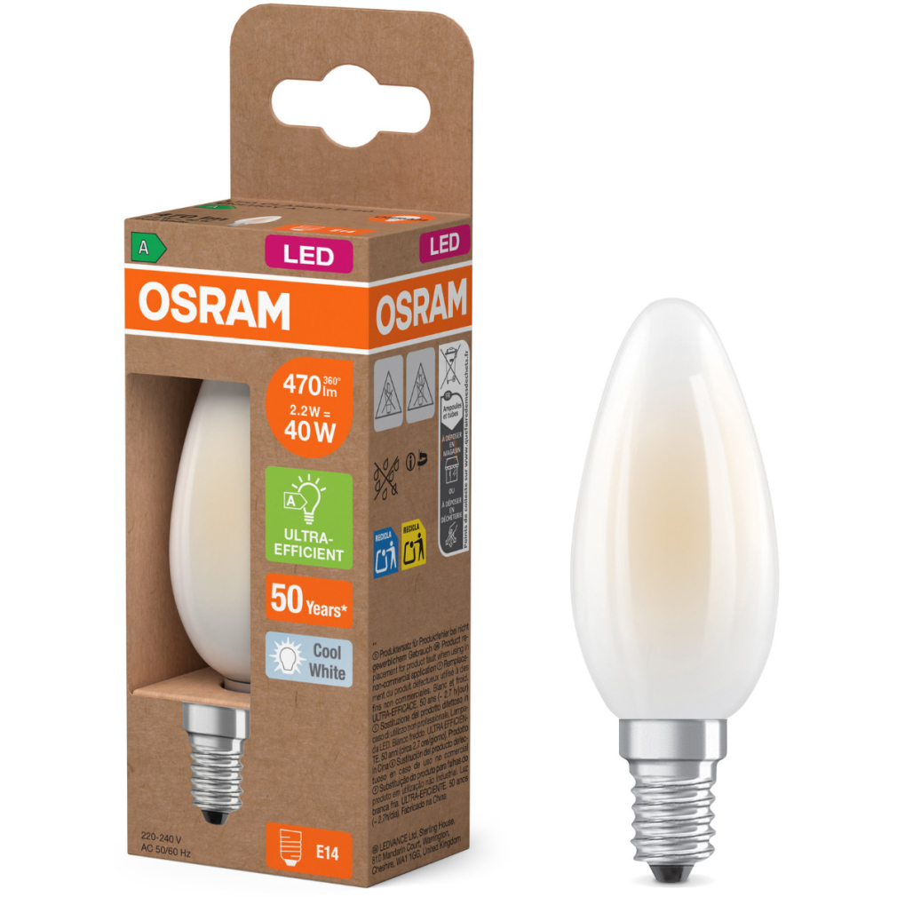Osram E14 LED gyertya, 2,2W, 470 lm, 4000 K, hidegfehér, opál üveg-40 W izzó helyett - Superstar+ Classic B