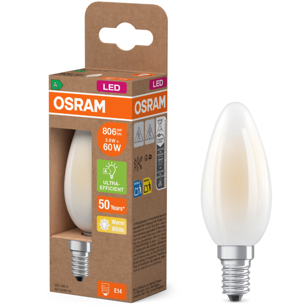 Osram E14 LED gyertya, 3,8W, 806 lm, 2700 K, melegfehér, opál üveg-60 W izzó helyett - Superstar+ Classic B