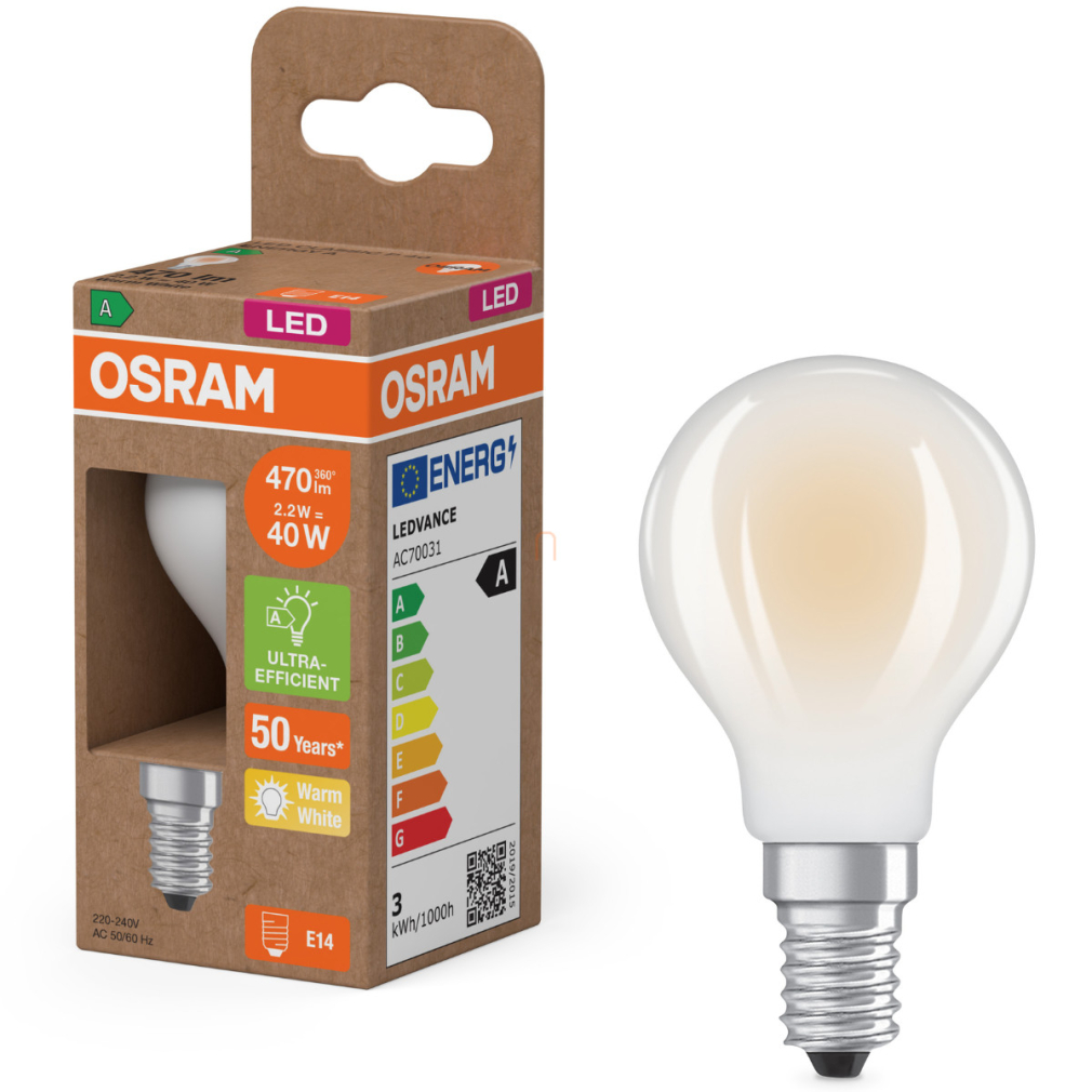 Osram E14 LED kisgömb, 2,2W, 470 lm, 2700 K, melegfehér, opál üveg-40 W izzó helyett - Superstar+ Classic P 