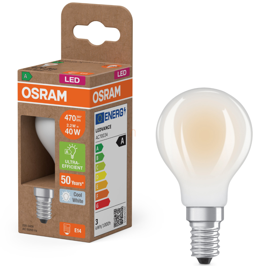 Osram E14 LED kisgömb, 2,2W, 470 lm, 4000 K, hidegfehér, opál üveg-40 W izzó helyett - Superstar+ Classic P 