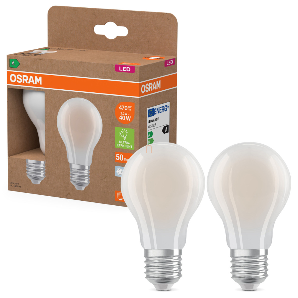 Osram E27 LED 2,2W, 470 lm, 4000 K, hidegfehér, opál üveg-40 W normál izzó helyett, 2 darabos - Superstar+ Classic A