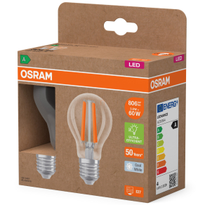   Osram E27 LED 3,8W, 806 lm, 4000 K, hidegfehér, áttetsző üveg-60 W normál izzó helyett, 2 darabos - Superstar+ Classic A filament