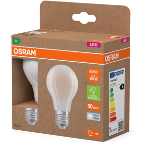   Osram E27 LED 3,8W, 806 lm, 4000 K, hidegfehér, opál üveg-60 W normál izzó helyett, 2 darabos - Superstar+ Classic A