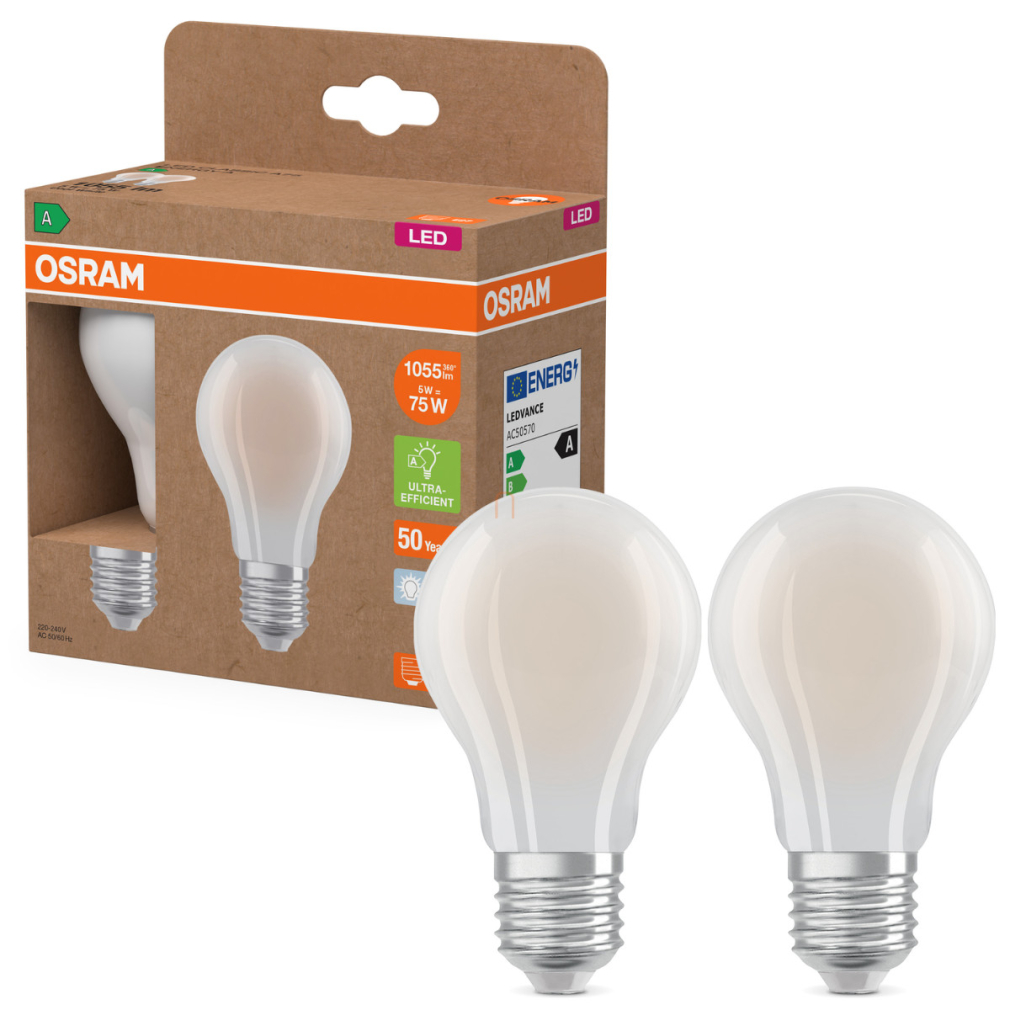 Osram E27 LED 5W, 1055 lm, 4000 K, hidegfehér, opál üveg-75 W normál izzó helyett, 2 darabos - Superstar+ Classic A