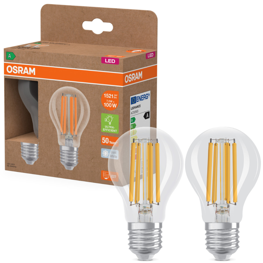 Osram E27 LED 7,2W, 1521 lm, 4000 K, hidegfehér, áttetsző üveg-100 W normál izzó helyett, 2 darabos - Superstar+ Classic A filament