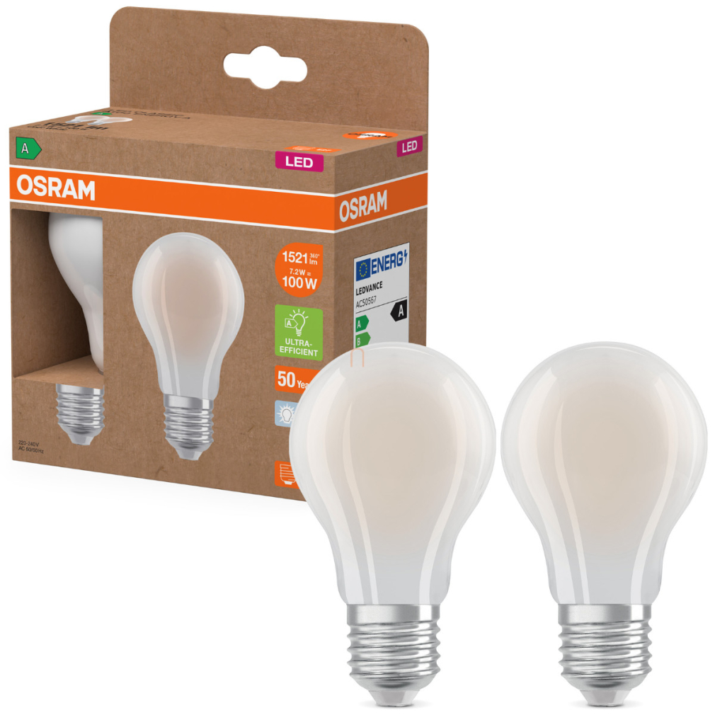 Osram E27 LED 7,2W, 1521 lm, 4000 K, hidegfehér, opál üveg-100 W normál izzó helyett, 2 darabos - Superstar+ Classic A