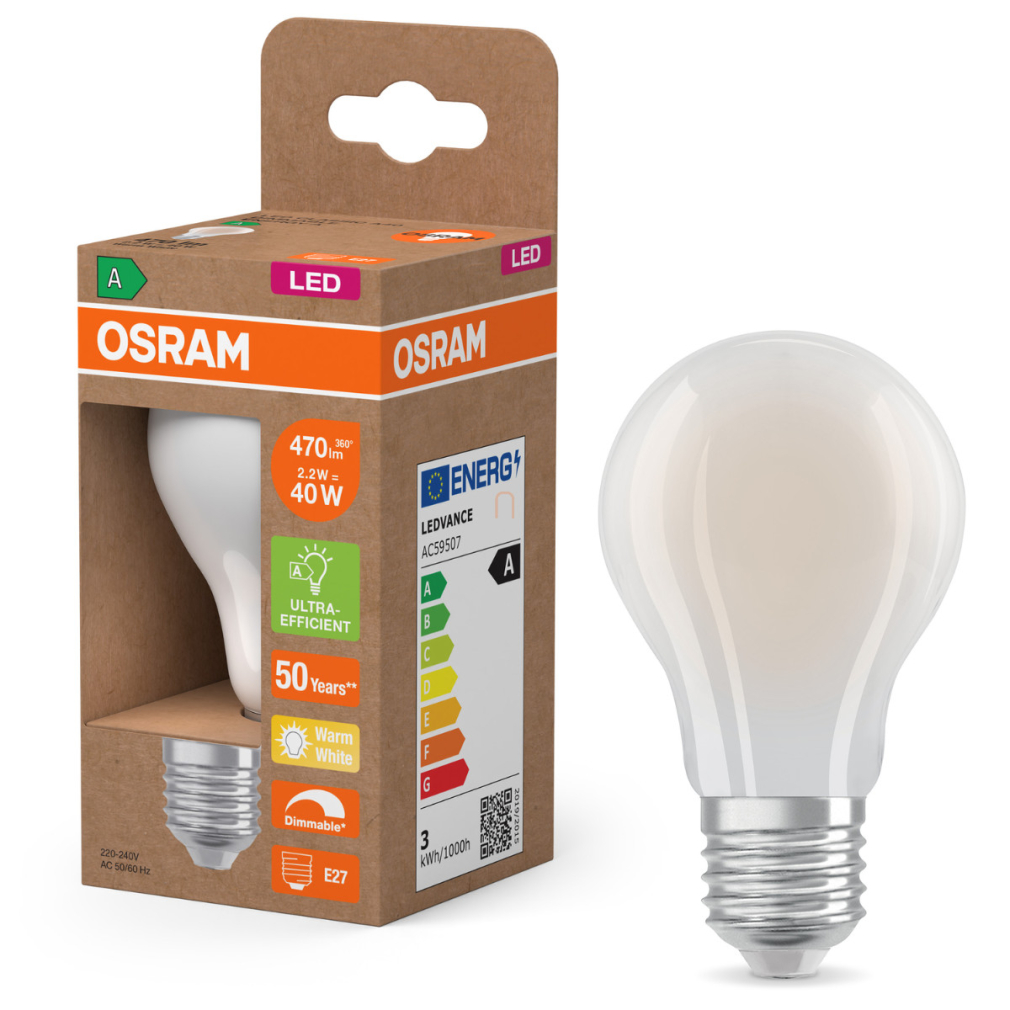 Osram E27 LED 2,2W, 470 lm, 2700 K, melegfehér, dimmelhető, opál üveg-40 W normál izzó helyett - Superstar+ Classic A