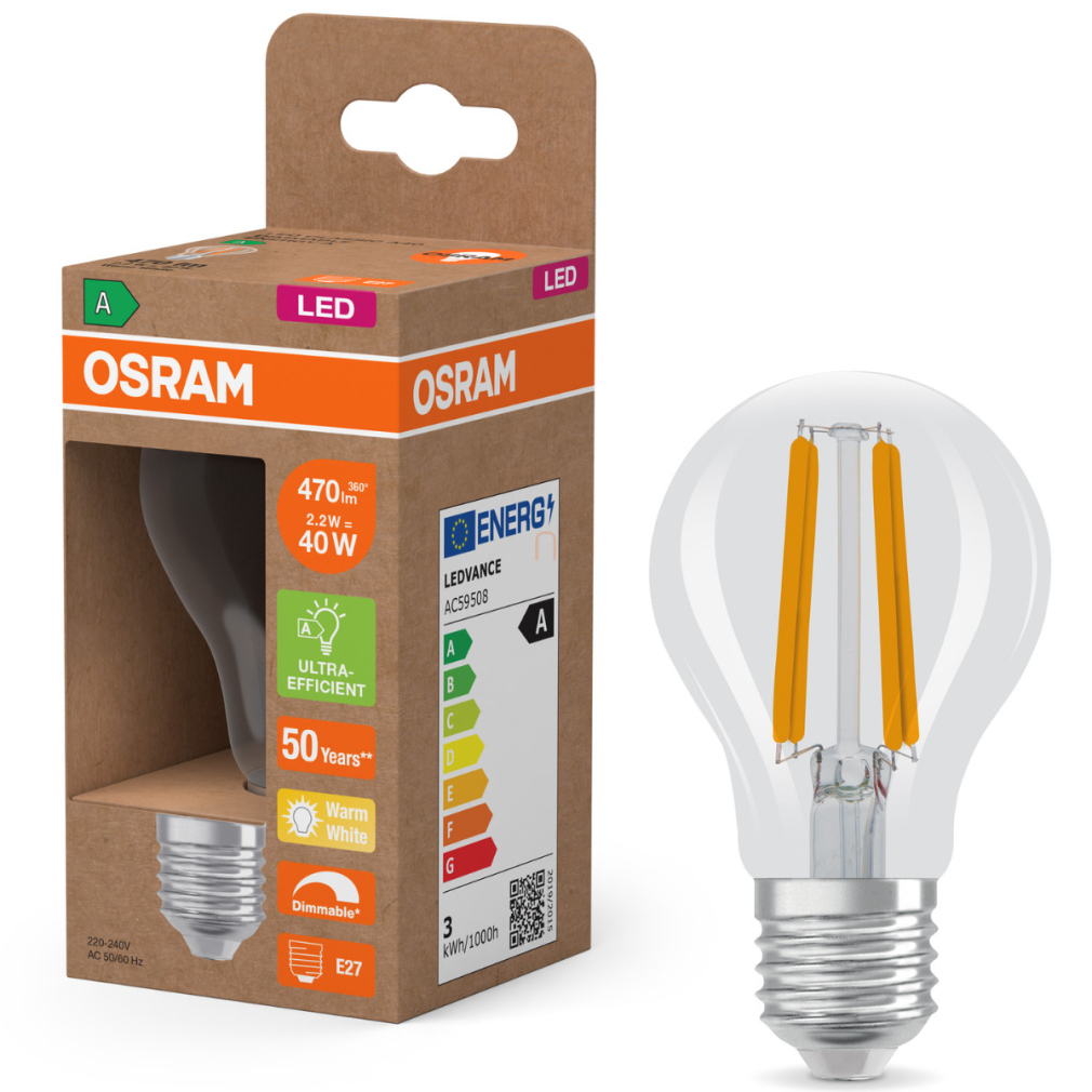 Osram E27 LED 2,2W, 470 lm, 2700 K, melegfehér, dimmelhető, áttetsző üveg-40 W normál izzó helyett - Superstar+ Classic A filament