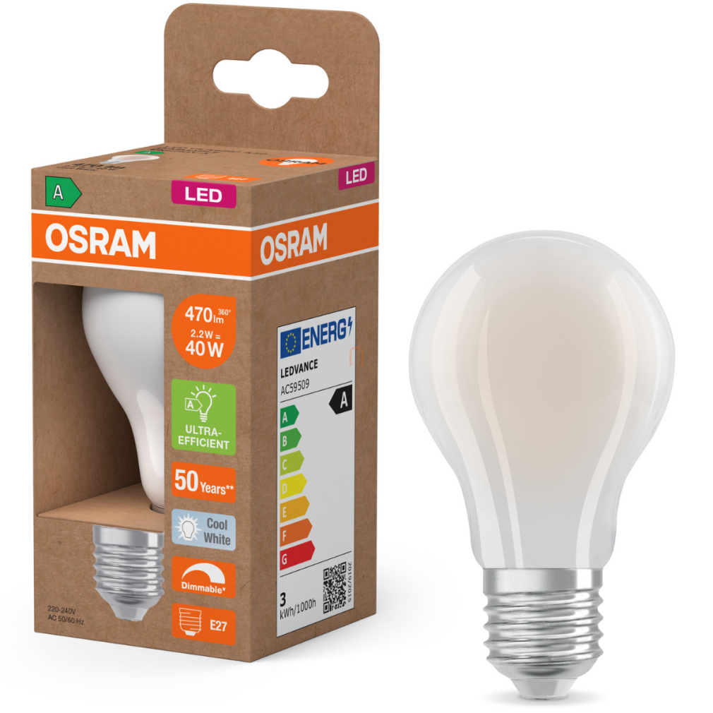 Osram E27 LED 2,2W, 470 lm, 4000 K, hidegfehér, dimmelhető, áttetsző üveg-40 W normál izzó helyett - Superstar+ Classic A filament