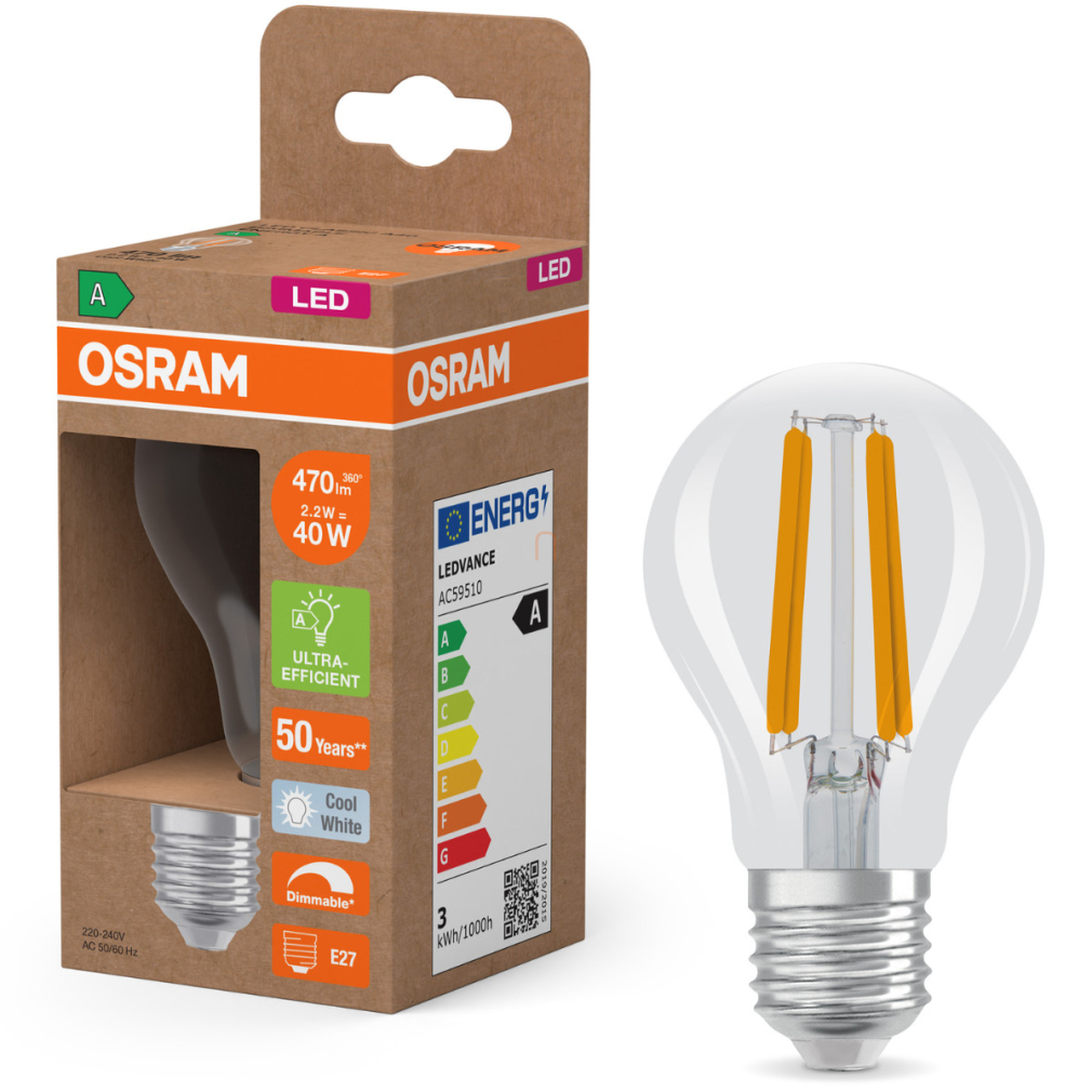 Osram E27 LED 2,2W, 470 lm, 4000 K, hidegfehér, dimmelhető, áttetsző üveg-40 W normál izzó helyett - Superstar+ Classic A