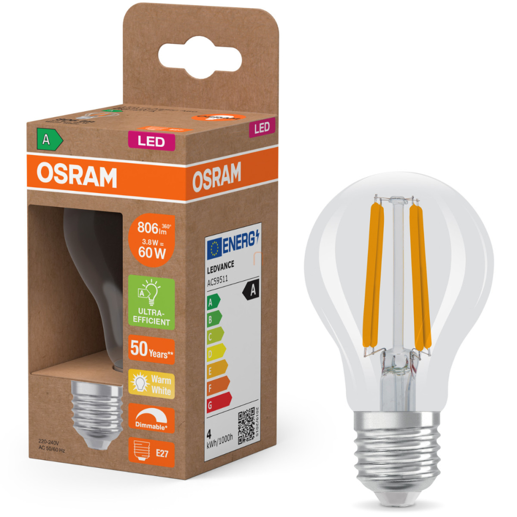 Osram E27 LED 3,8W, 806 lm, 2700 K, melegfehér, dimmelhető, áttetsző üveg-60 W normál izzó helyett - Superstar+ Classic A filament