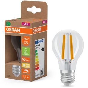   Osram E27 LED 3,8W, 806 lm, 2700 K, melegfehér, dimmelhető, áttetsző üveg-60 W normál izzó helyett - Superstar+ Classic A filament