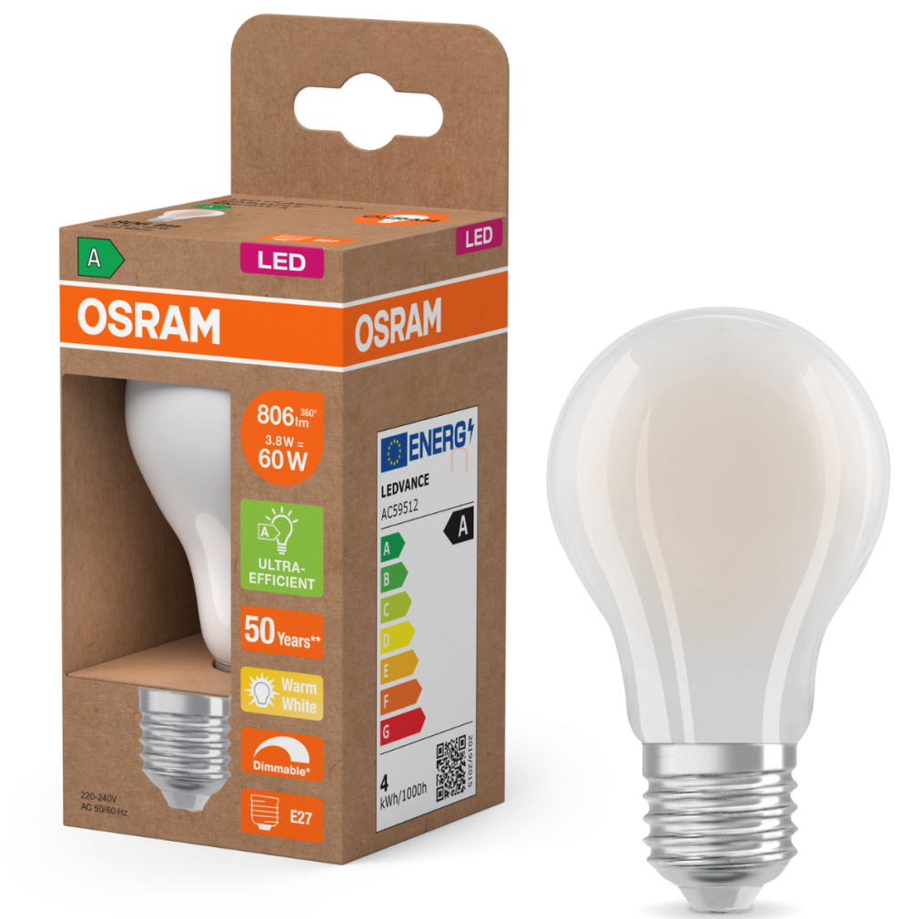 Osram E27 LED 3,8W, 806 lm, 2700 K, melegfehér, dimmelhető, opál üveg-60 W normál izzó helyett - Superstar+ Classic A