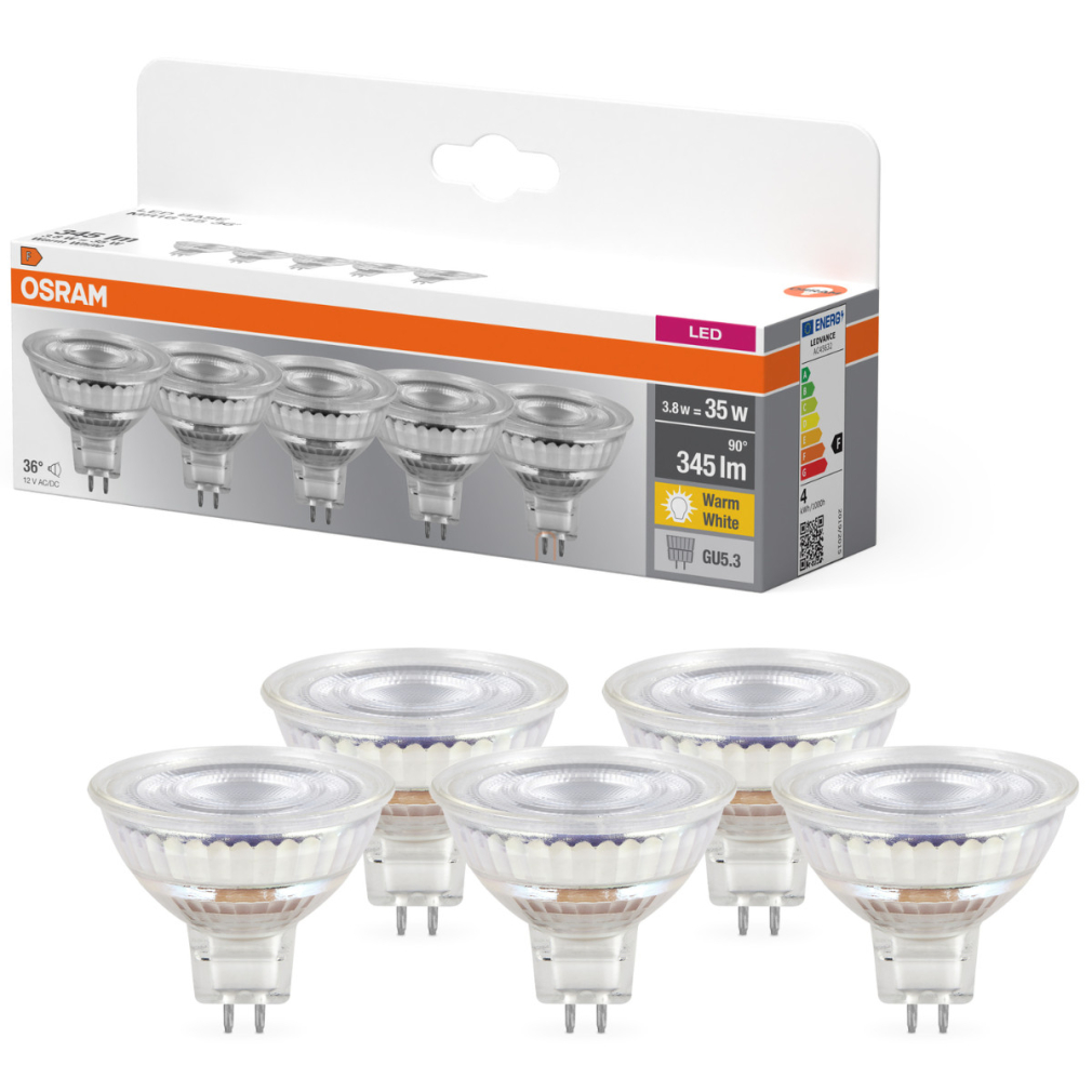 Osram GU5.3 LED 3,8W, 345 lm, 2700 K, melegfehér, áttetsző üveg-35 W izzó helyett, 5 darabos, 5 darabos - Base Spot MR16