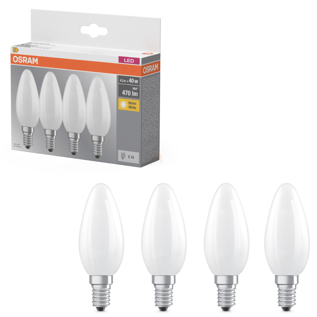 Osram E14 LED gyertya, 4,2W, 470 lm, 2700 K, melegfehér, opál üveg-40 W izzó helyett, 4 darabos - Base Classic B