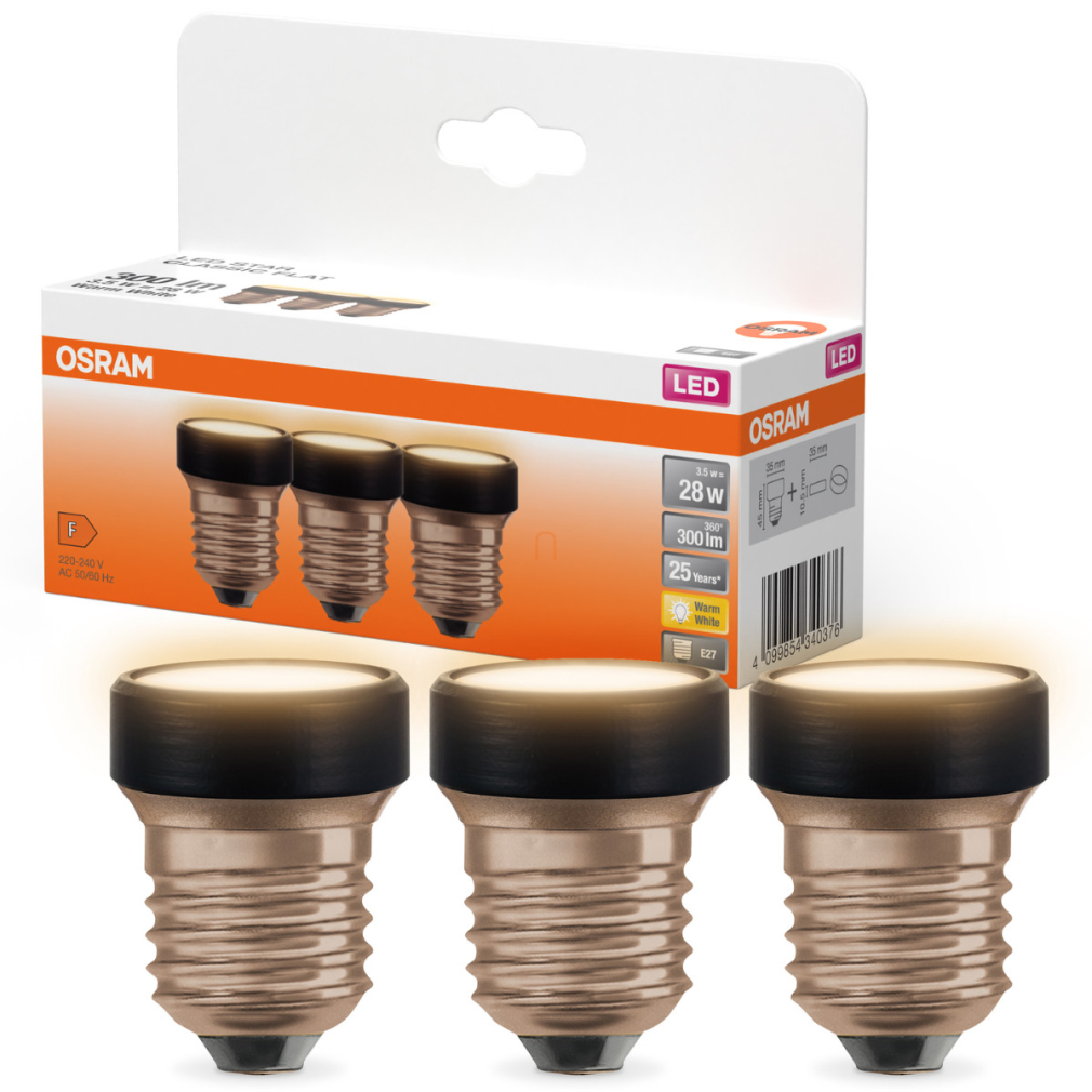 Osram E27 LED 3,5W, 300 lm, 2700 K, melegfehér, opál, fekete műanyag-25 W izzó helyett, 3 darabos - Star Flat