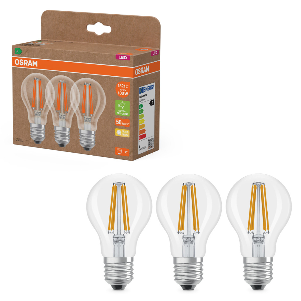 Osram E27 LED 7,2W, 1521 lm, 2700 K, melegfehér, áttetsző üveg-100 W normál izzó helyett, 3 darabos - Superstar+ Classic A filament