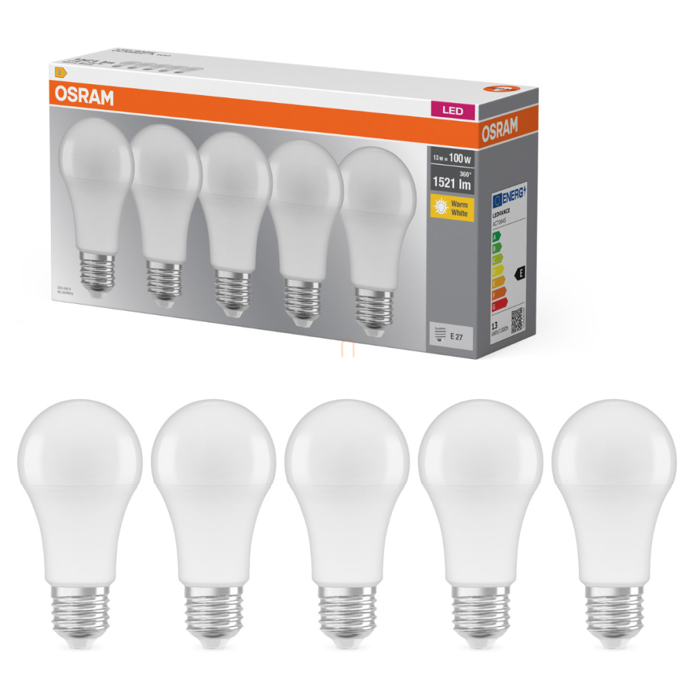 Osram E27 LED 13W, 1521 lm, 2700 K, melegfehér, opál műanyag-100 W normál izzó helyett, 5 darabos - Base Classic A