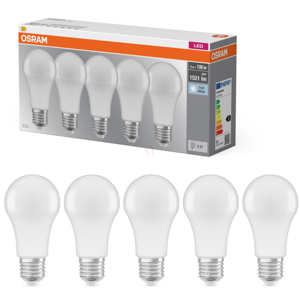 Osram E27 LED 13W, 1521 lm, 4000 K, hidegfehér, opál műanyag-100 W normál izzó helyett, 5 darabos - Base Classic A