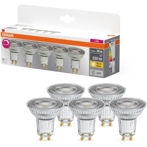   Osram GU10 LED 3,4W, 230 lm, 2700 K, melegfehér, dimmelhető, áttetsző üveg-35 W izzó helyett, 5 darabos - Base Spot PAR16