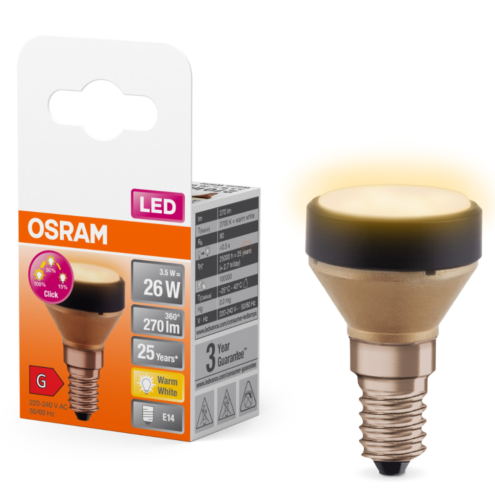 Osram E14 LED 3,5W, 270 lm, 2700 K, melegfehér, 3 lépésben dimmelhető, opál műanyag-25 W izzó helyett - Star Flat 3 Step DIM