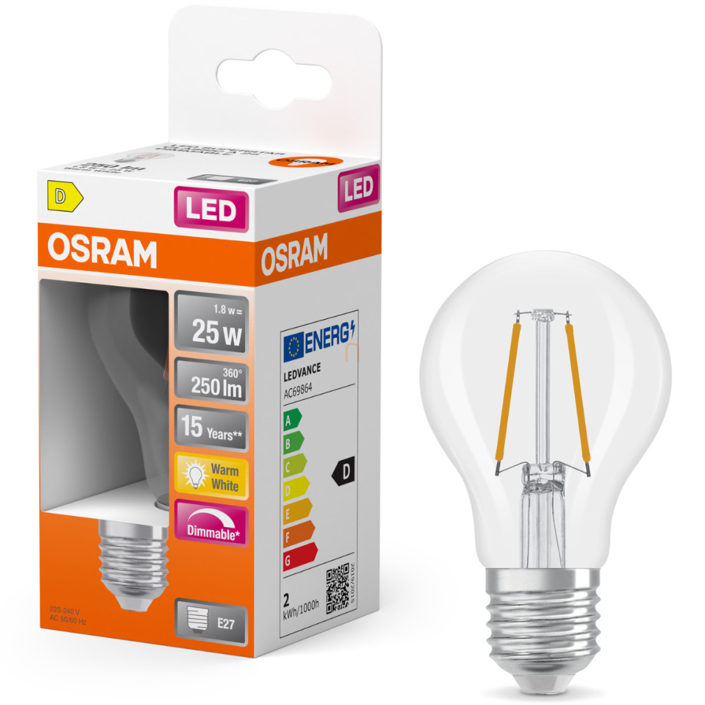 Osram E27 LED 1,8W, 250 lm, 2700 K, melegfehér, dimmelhető, áttetsző üveg-25 W normál izzó helyett - Superstar Classic A filament