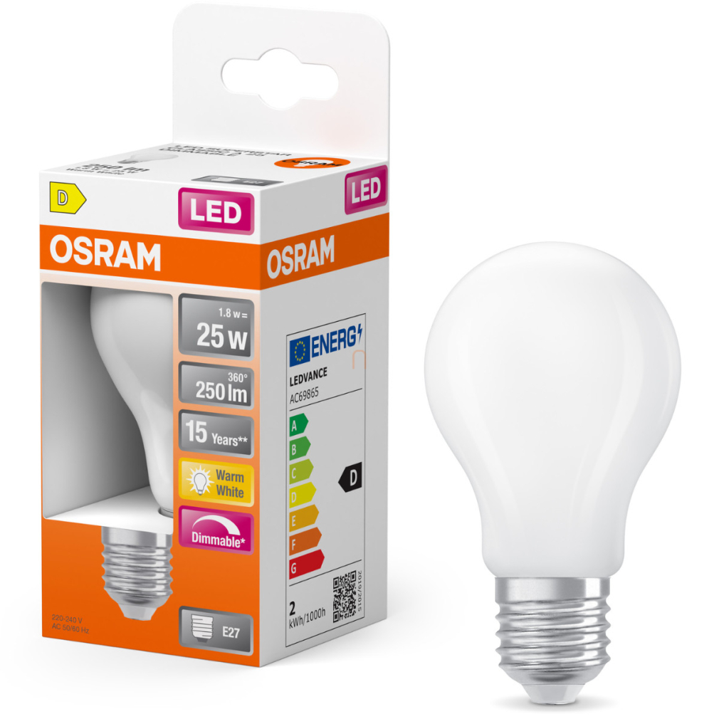 Osram E27 LED 1,8W, 250 lm, 2700 K, melegfehér, dimmelhető, opál üveg-25 W normál izzó helyett - Superstar Classic A