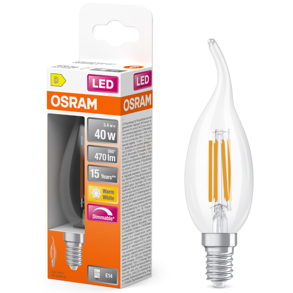Osram E14 LED gyertya, 3,4W, 470 lm, 2700 K, melegfehér, dimmelhető, áttetsző üveg-40 W izzó helyett - Superstar Classic BA filament