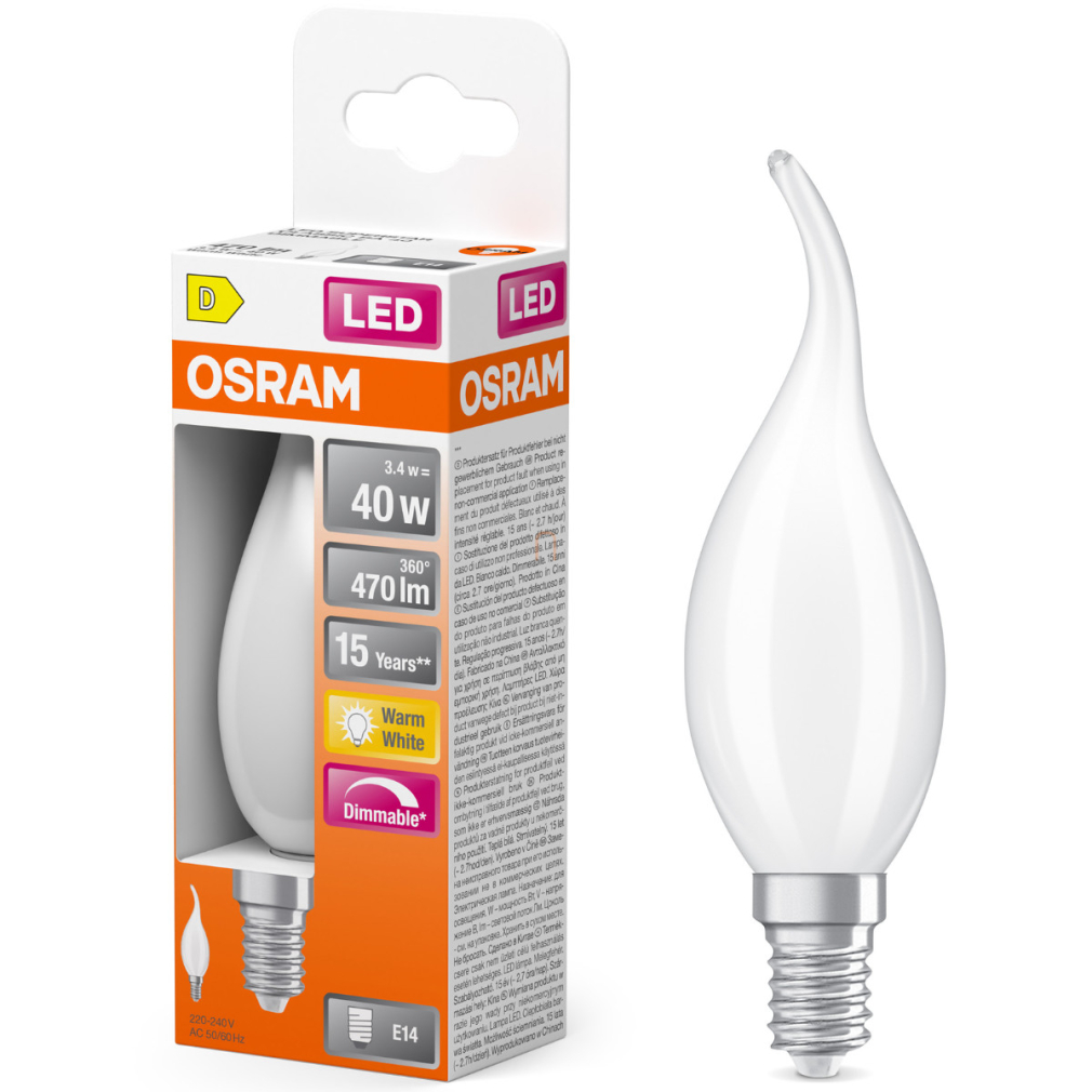 Osram E14 LED gyertya, 3,4W, 470 lm, 2700 K, melegfehér, dimmelhető, opál üveg-40 W izzó helyett - Superstar Classic BA