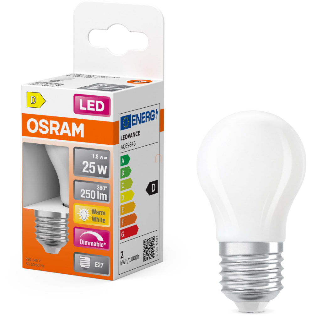 Osram E27 LED kisgömb, 1,8W, 250 lm, 2700 K, melegfehér, dimmelhető, opál üveg-25 W izzó helyett - Superstar Classic P