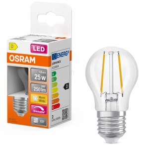   Osram E27 LED kisgömb, 1,8W, 250 lm, 2700 K, melegfehér, dimmelhető, áttetsző üveg-25 W izzó helyett - Superstar Classic P filament
