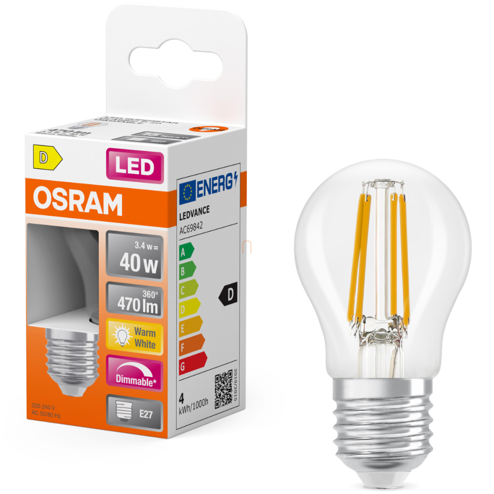 Osram E27 LED kisgömb, 3,4W, 470 lm, 2700 K, melegfehér, dimmelhető, áttetsző üveg-40 W izzó helyett - Superstar Classic P filament