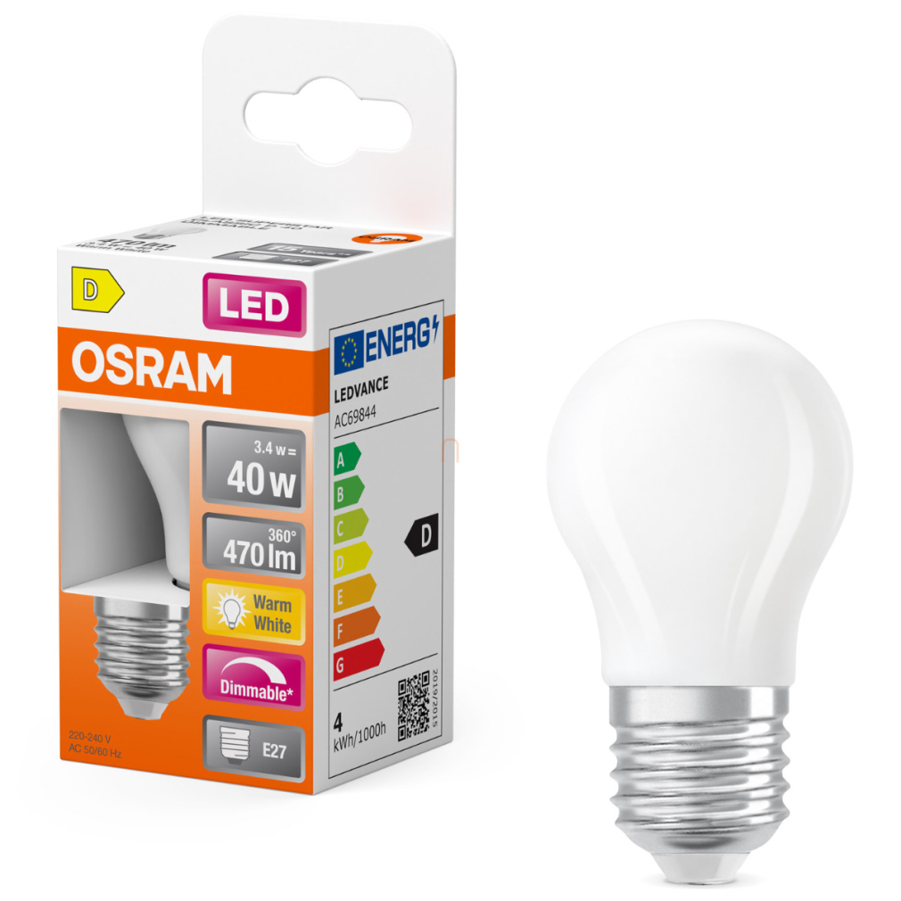 Osram E27 LED kisgömb, 3,4W, 470 lm, 2700 K, melegfehér, dimmelhető, opál üveg-40 W izzó helyett - Superstar Classic P