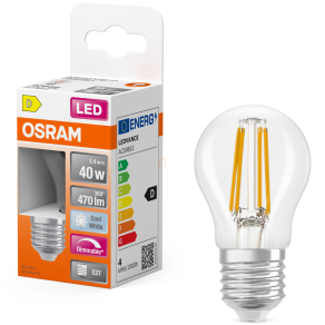   Osram E27 LED kisgömb, 3,4W, 470 lm, 4000 K, hidegfehér, dimmelhető, áttetsző üveg-40 W izzó helyett - Superstar Classic P filament