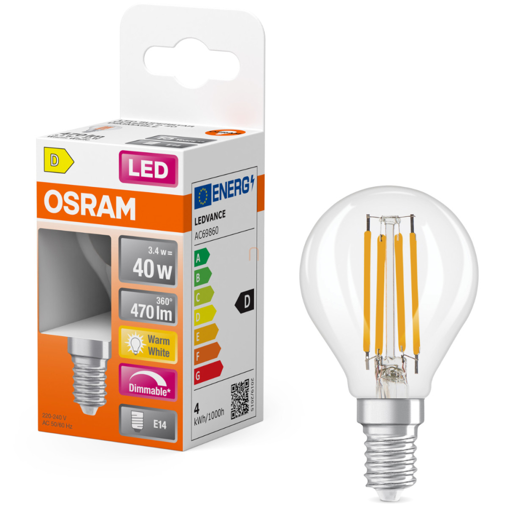 Osram E14 LED kisgömb, 3,4W, 470 lm, 2700 K, melegfehér, dimmelhető, áttetsző üveg-40 W izzó helyett - Superstar Classic P filament