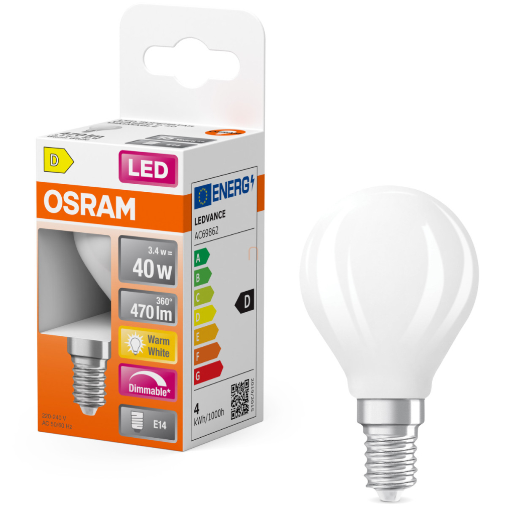 Osram E14 LED kisgömb, 3,4W, 470 lm, 2700 K, melegfehér, dimmelhető, opál üveg-40 W izzó helyett - Superstar Classic P