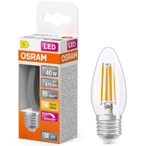   Osram E27 LED gyertya, 3,4W, 470 lm, 2700 K, melegfehér, dimmelhető, áttetsző üveg-40 W izzó helyett - Superstar Classic B filament