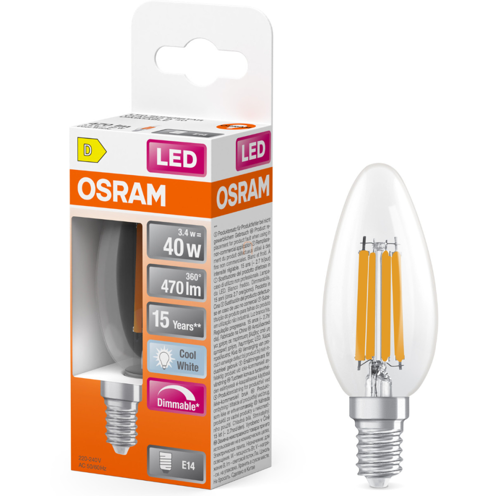 Osram E14 LED gyertya, 3,4W, 470 lm, 4000 K, hidegfehér, dimmelhető, áttetsző üveg-40 W izzó helyett - Superstar Classic B filament