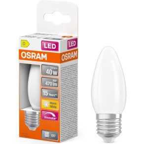   Osram E27 LED gyertya, 3,4W, 470 lm, 2700 K, melegfehér, dimmelhető, opál üveg-40 W izzó helyett - Superstar Classic B