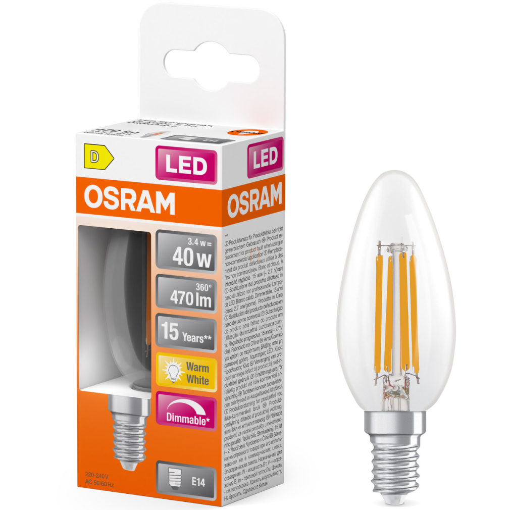 Osram E14 LED gyertya, 3,4W, 470 lm, 2700 K, melegfehér, dimmelhető, áttetsző üveg-40 W izzó helyett - Superstar Classic B filament