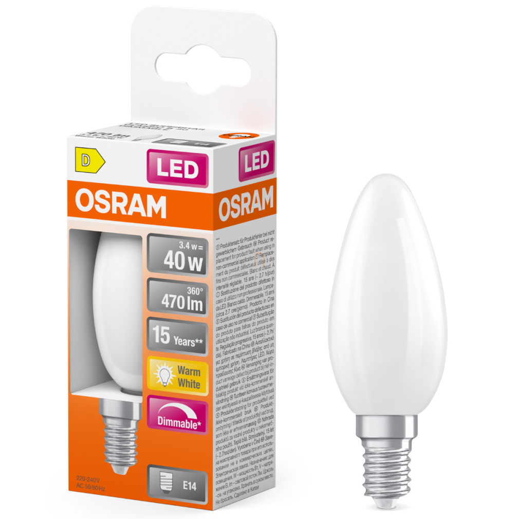 Osram E14 LED gyertya, 3,4W, 470 lm, 2700 K, melegfehér, dimmelhető, opál üveg-40 W izzó helyett - Superstar Classic B