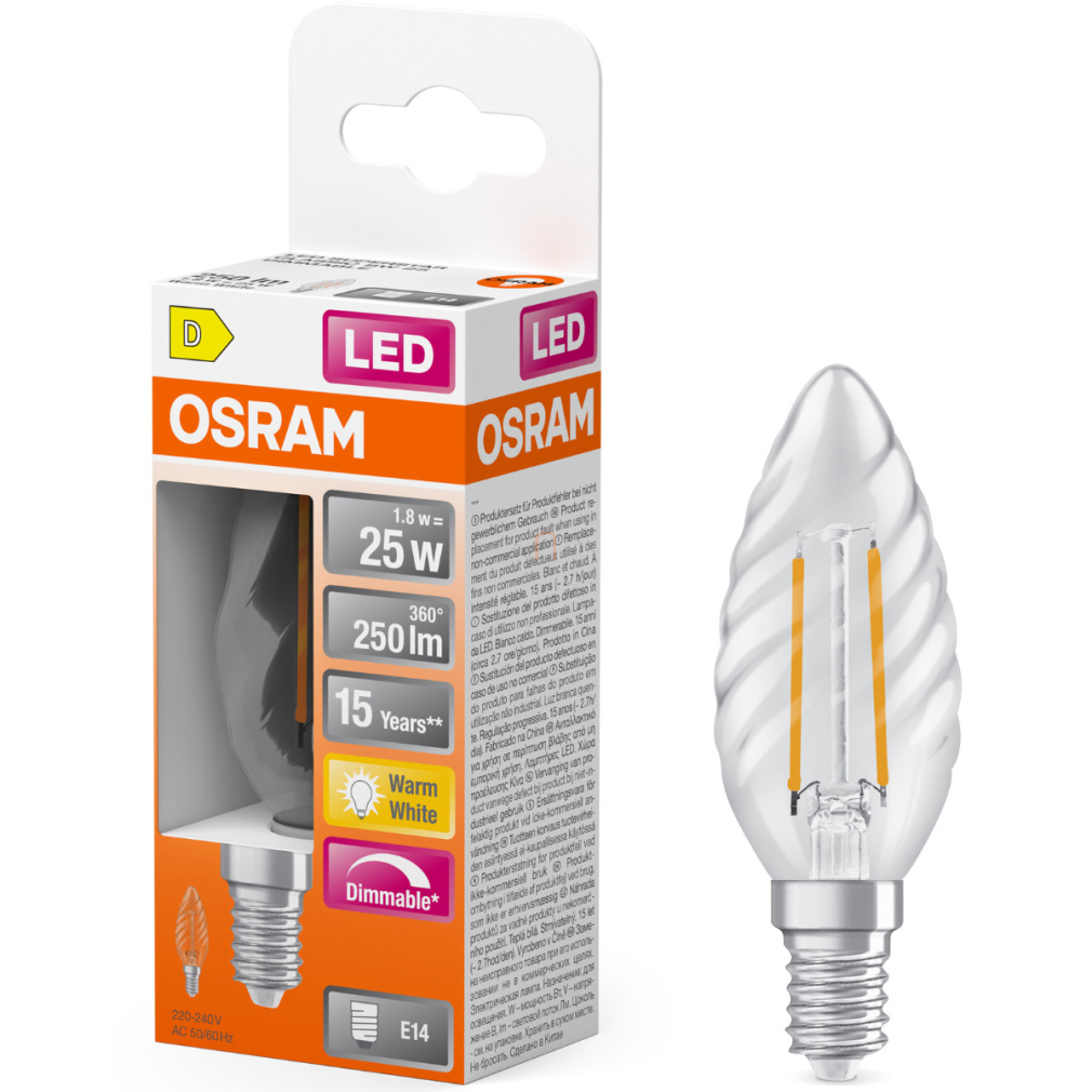 Osram E14 LED gyertya, 1,8W, 250 lm, 2700 K, melegfehér, dimmelhető, áttetsző üveg-25 W izzó helyett - Superstar Classic BW filament