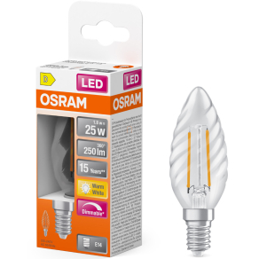   Osram E14 LED gyertya, 1,8W, 250 lm, 2700 K, melegfehér, dimmelhető, áttetsző üveg-25 W izzó helyett - Superstar Classic BW filament