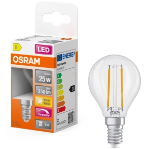   Osram E14 LED kisgömb, 1,8W, 250 lm, 2700 K, melegfehér, dimmelhető, áttetsző üveg-25 W izzó helyett - Superstar Classic P filament