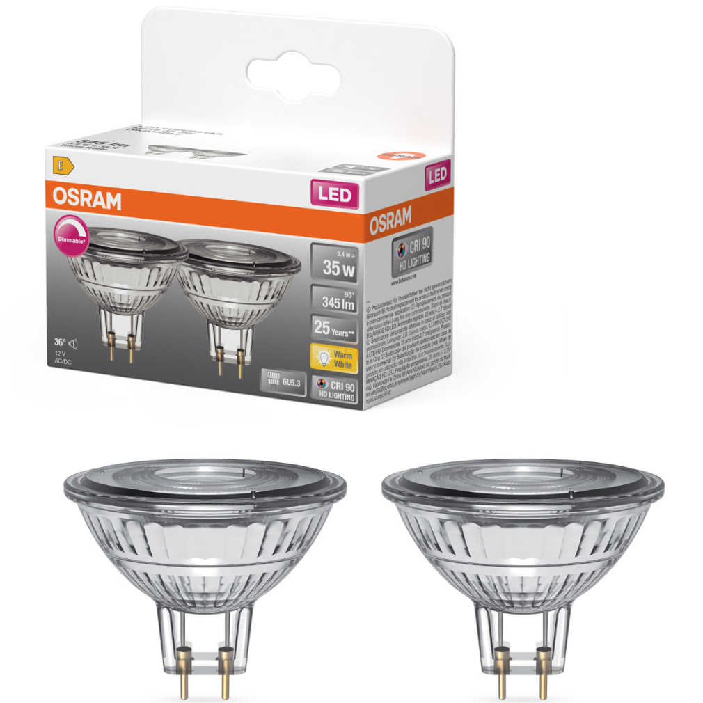 Osram GU5.3 LED 3,4W, 345 lm, 2700 K, melegfehér, dimmelhető, áttetsző üveg-35 W izzó helyett, 2 darabos, 2 darabos - Star Spot MR16