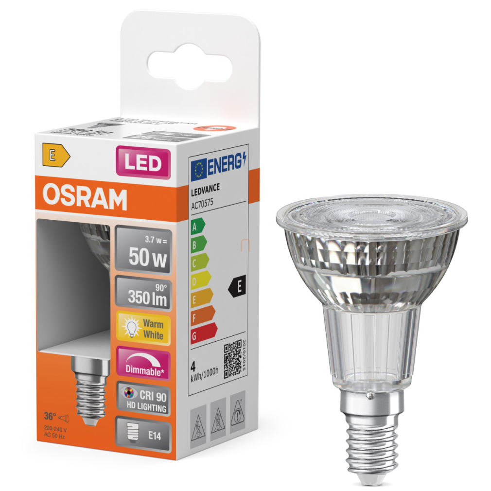 Osram E14 LED 3,7W, 350 lm, 2700 K, melegfehér, dimmelhető, áttetsző üveg-50 W izzó helyett - Superstar Spot PAR11