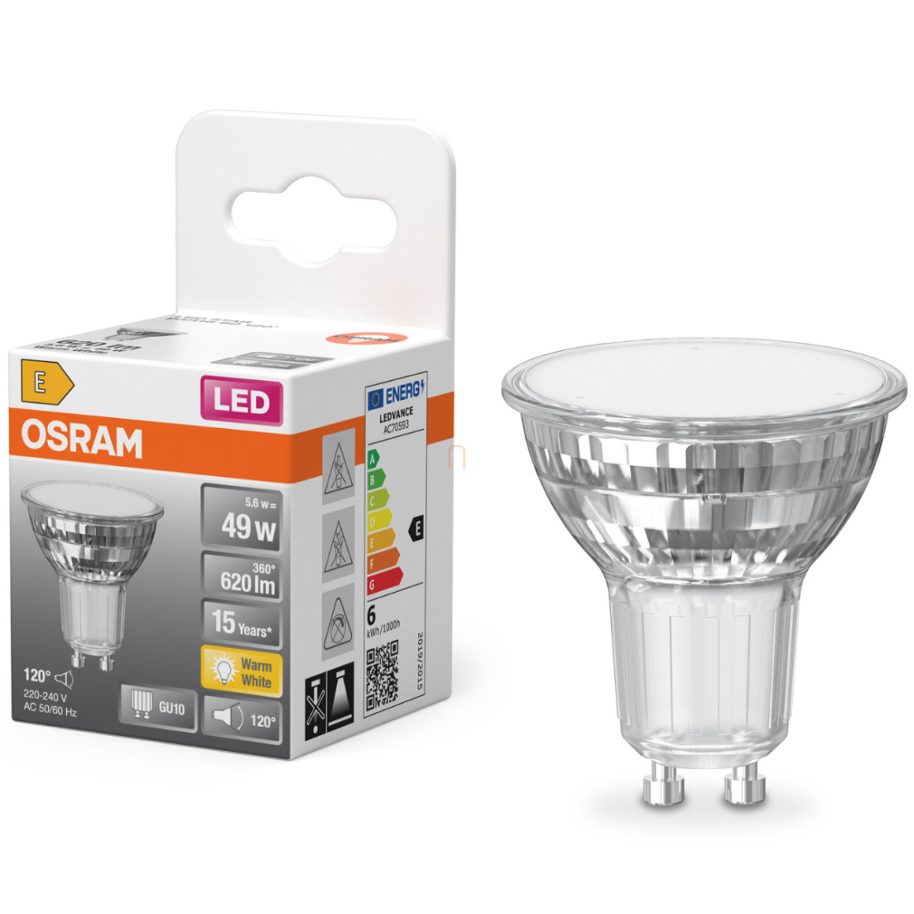 Osram GU10 LED 5,6W, 620 lm, 2700 K, melegfehér, áttetsző üveg-50 W izzó helyett - Star Spot PAR16