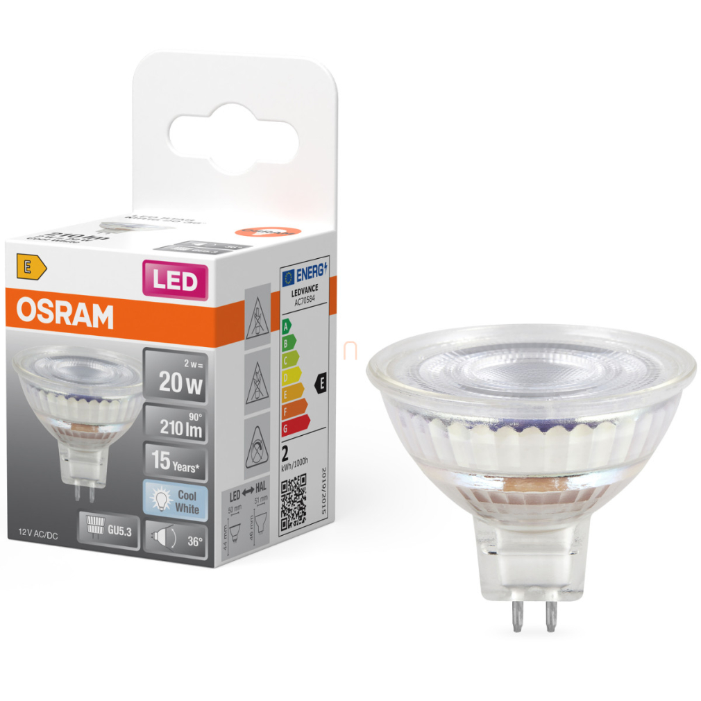 Osram GU5.3 LED 2W, 210 lm, 4000 K, hidegfehér, áttetsző üveg-20 W izzó helyett - Star Spot MR16