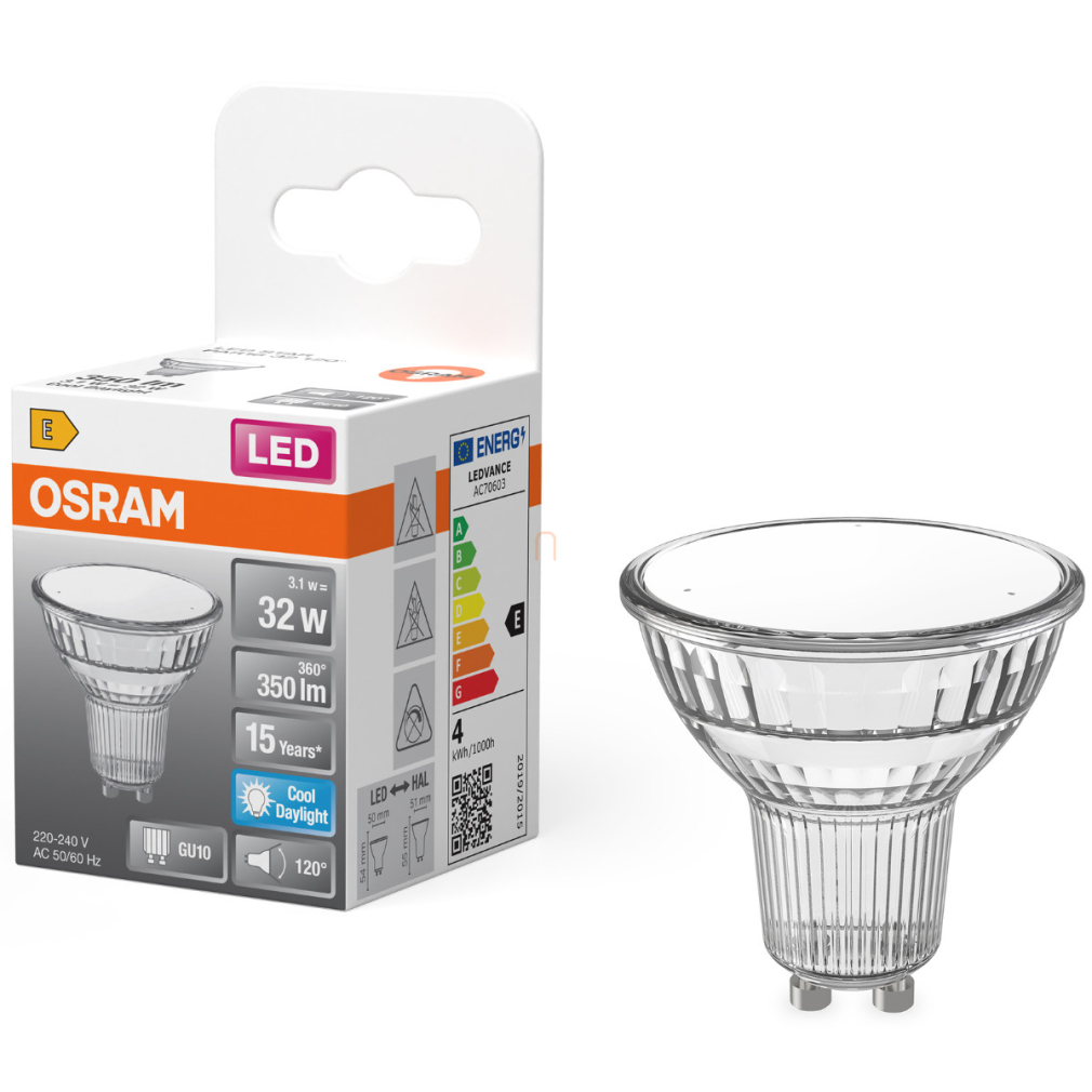 Osram GU10 LED 3,1W, 350 lm, 6500 K, daylight, áttetsző üveg-30 W izzó helyett - Star Spot PAR16
